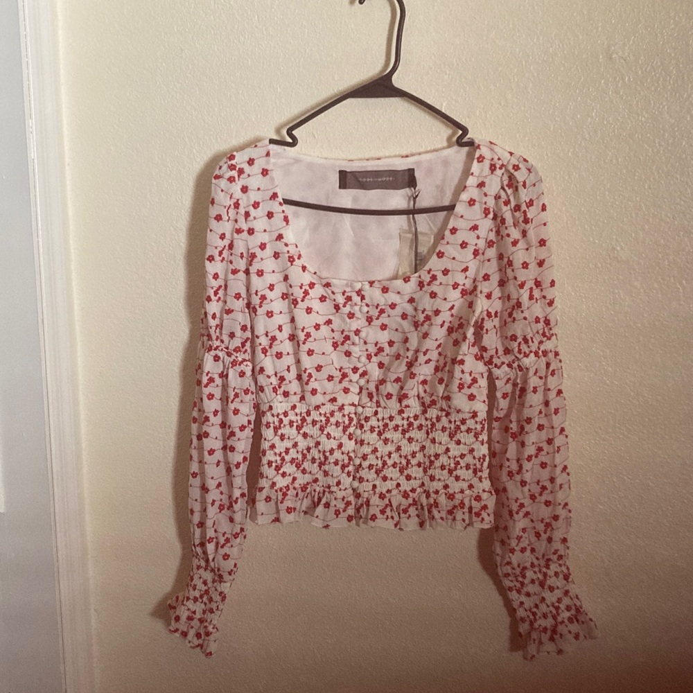 Nordstrom White Blouse with Red Floral Smocked Waist